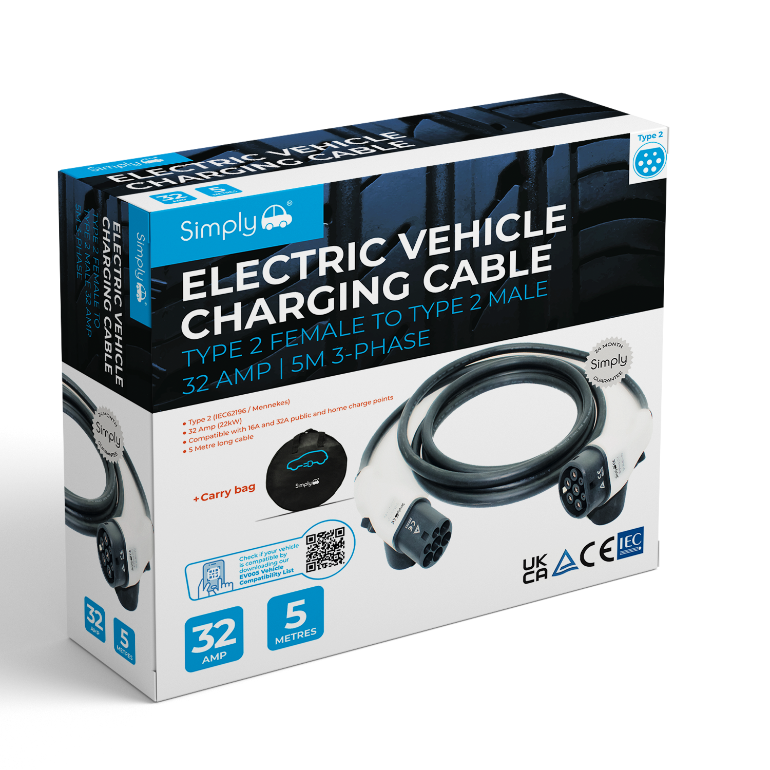 Câble De Charge Type 2 Vers Type 2 - 22KW 32A Pour Voiture Électrique