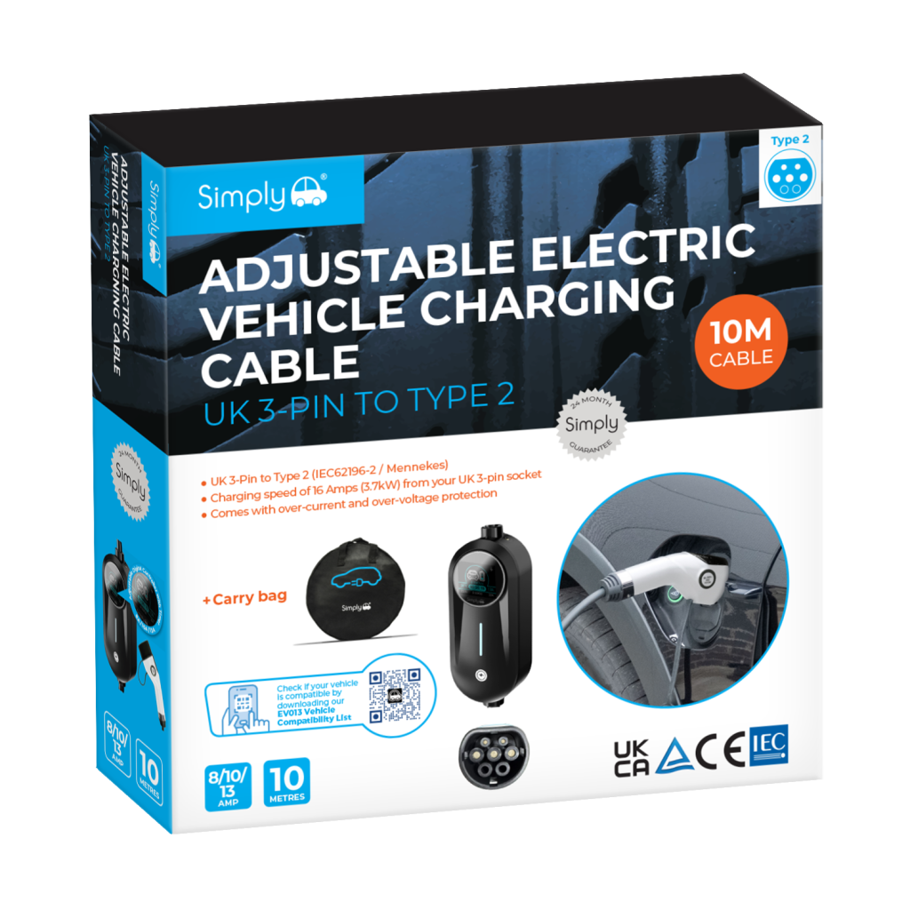 Adjustable Vehicle Charging Cable – 10M UK 3-Pin to Type 2